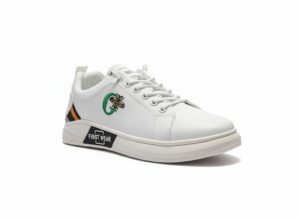 Men’s White Fashion Sneakers – Bee Embroidered Casual Shoes