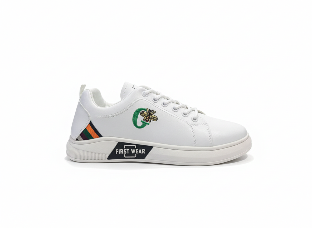Men’s White Fashion Sneakers – Bee Embroidered Casual Shoes