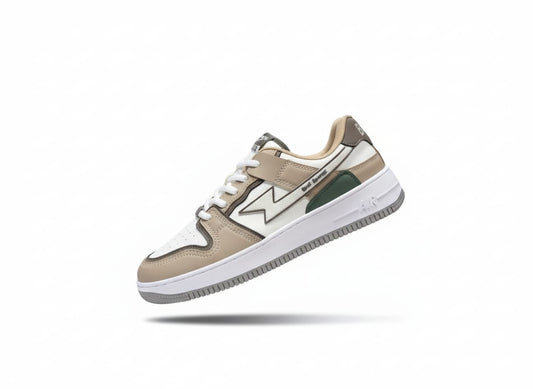 Retro-Inspired Tan and White Court Sneaker with Green Accents
