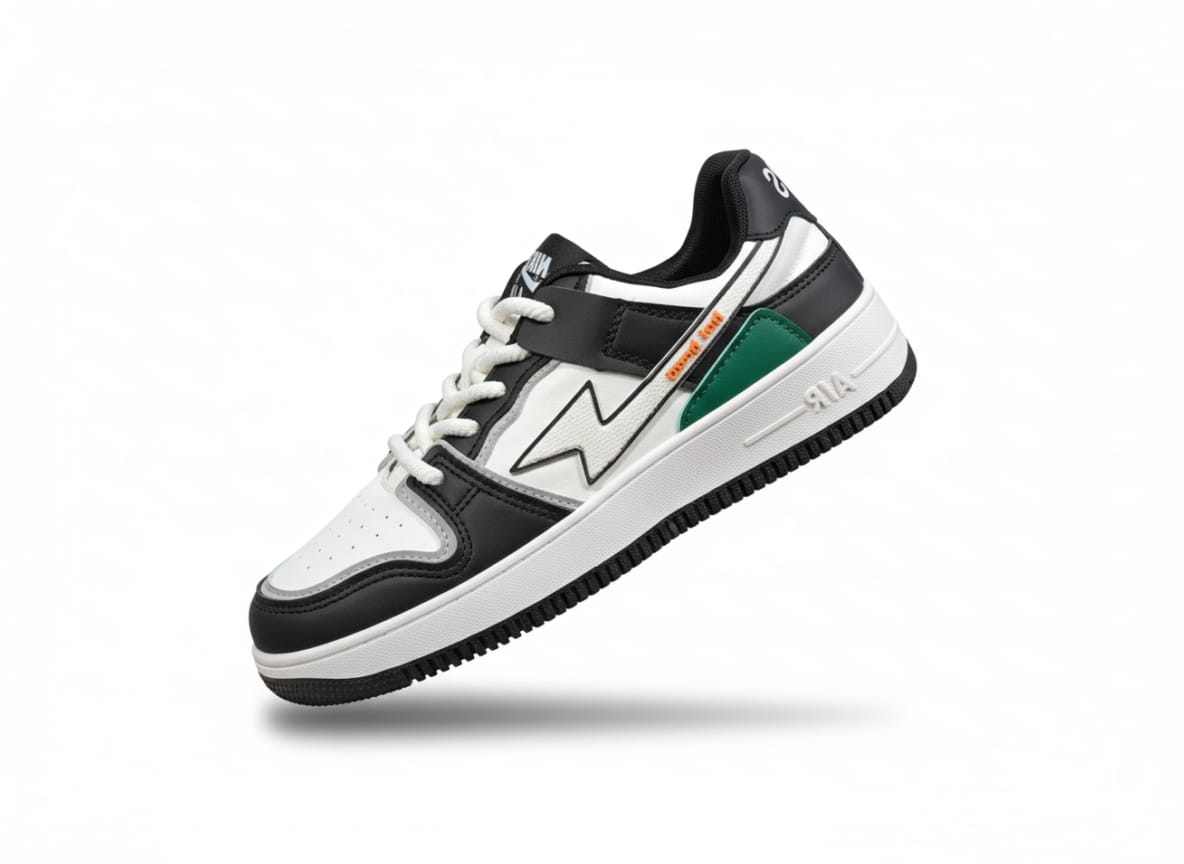 Retro-Inspired black and White Court Sneaker with Green Accents